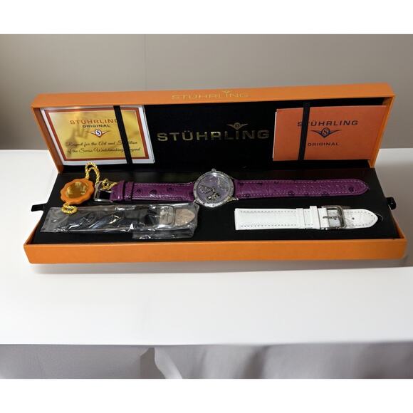 NWT Stuhrling Vogue Audrey Freedom Set 196SW.1115Q78 36 mm Auto Skeleton Watch - Picture 4 of 16